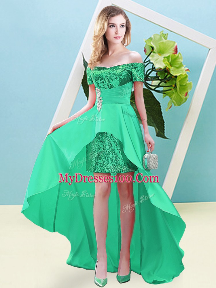 Customized Turquoise Empire Elastic Woven Satin and Sequined Off The Shoulder Short Sleeves Beading High Low Lace Up Prom Gown