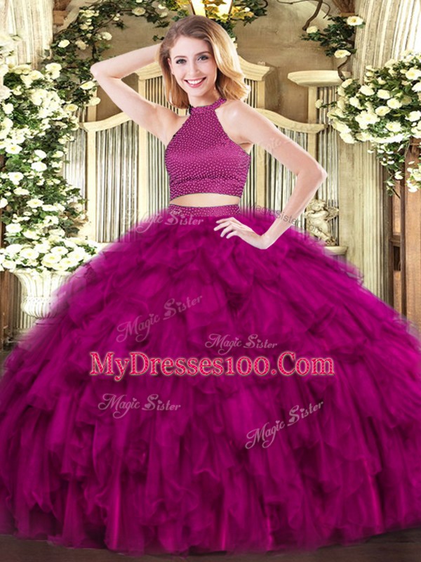 Fabulous Fuchsia Ball Gowns Organza Halter Top Sleeveless Beading and Ruffles Floor Length Backless Sweet 16 Dresses