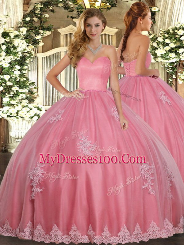 Beading and Appliques Vestidos de Quinceanera Watermelon Red Lace Up Sleeveless Floor Length