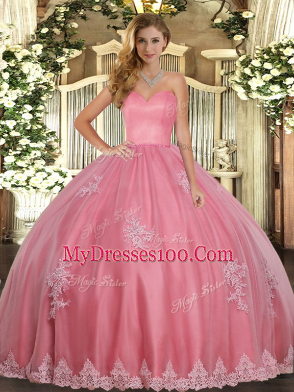 Beading and Appliques Vestidos de Quinceanera Watermelon Red Lace Up Sleeveless Floor Length