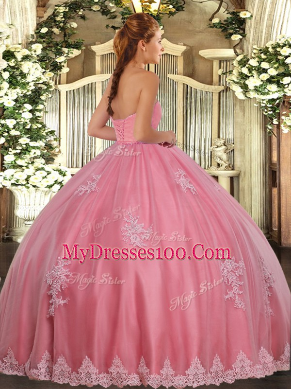 Beading and Appliques Vestidos de Quinceanera Watermelon Red Lace Up Sleeveless Floor Length