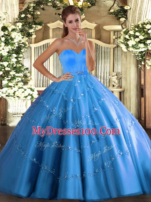 Smart Sweetheart Sleeveless Lace Up 15th Birthday Dress Baby Blue Tulle