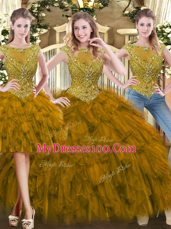 Floor Length Brown Quince Ball Gowns Tulle Sleeveless Beading and Ruffles