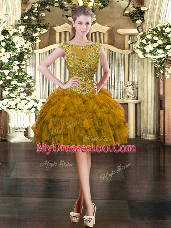 Floor Length Brown Quince Ball Gowns Tulle Sleeveless Beading and Ruffles