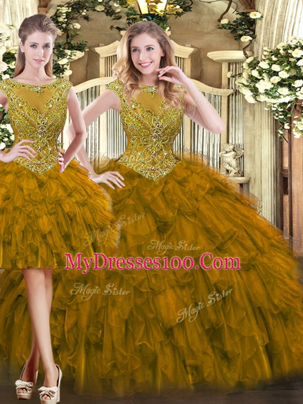 Floor Length Brown Quince Ball Gowns Tulle Sleeveless Beading and Ruffles