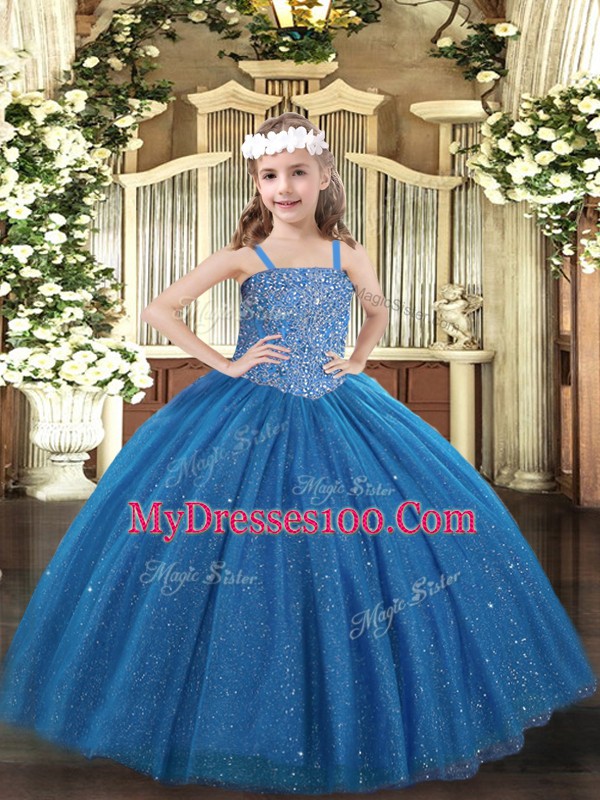 Beading Pageant Gowns For Girls Blue Lace Up Sleeveless Floor Length