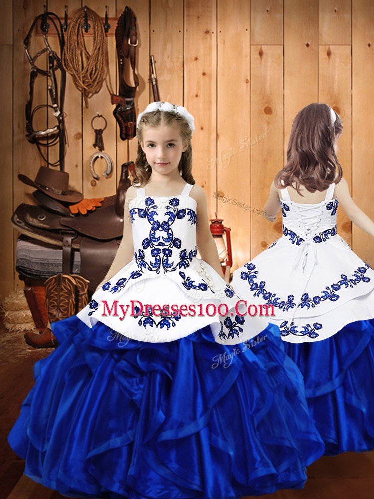 Sophisticated Blue Lace Up Quinceanera Dress Embroidery and Ruffles Sleeveless Floor Length