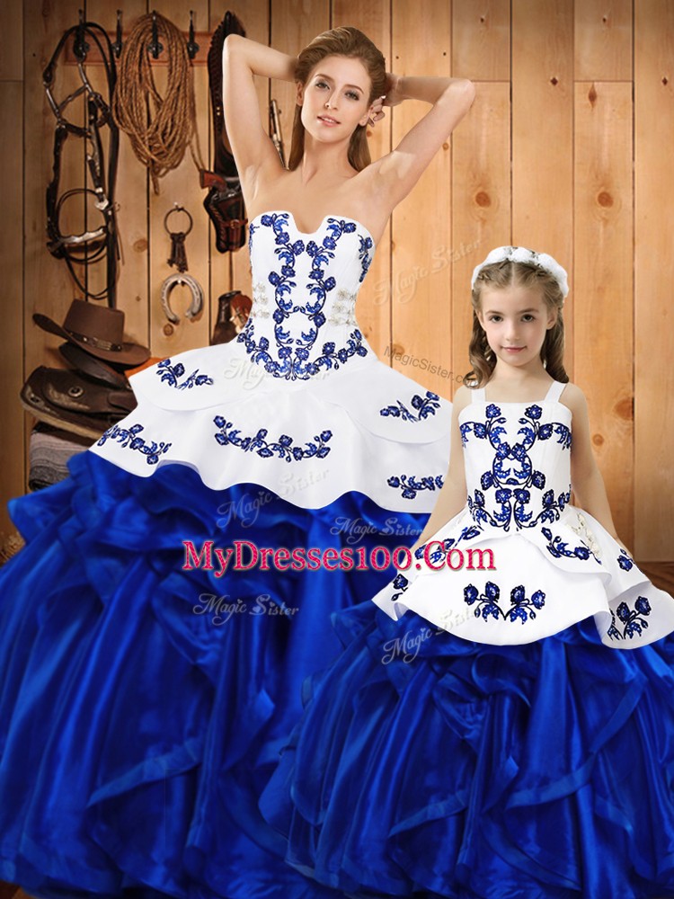 Sophisticated Blue Lace Up Quinceanera Dress Embroidery and Ruffles Sleeveless Floor Length