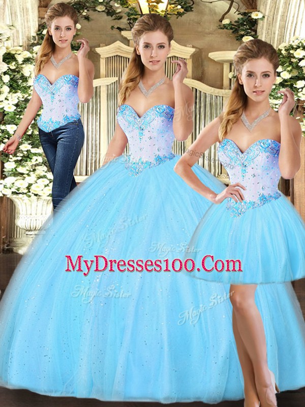 Custom Fit Floor Length Three Pieces Sleeveless Baby Blue Quinceanera Dresses Lace Up