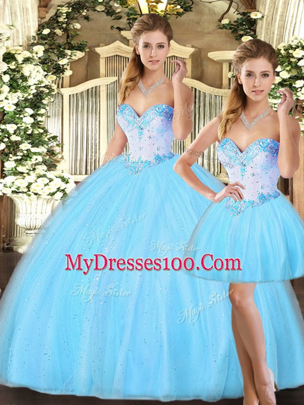 Custom Fit Floor Length Three Pieces Sleeveless Baby Blue Quinceanera Dresses Lace Up