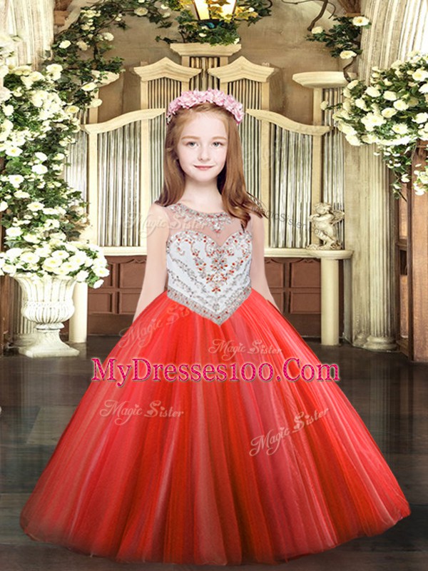 Custom Fit Tulle Scoop Sleeveless Zipper Beading Child Pageant Dress in Coral Red