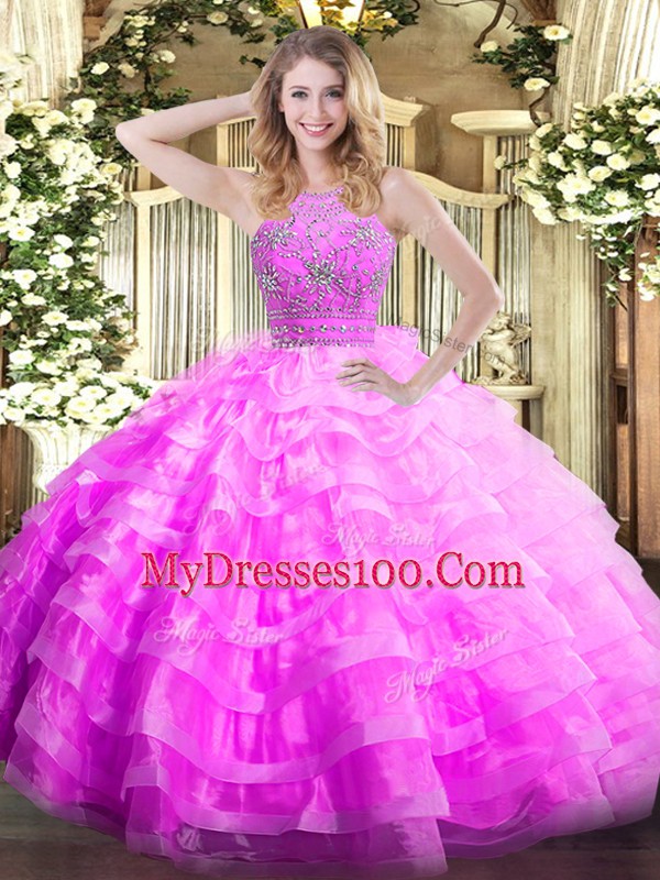 Floor Length Lilac Quinceanera Dress Halter Top Sleeveless Zipper