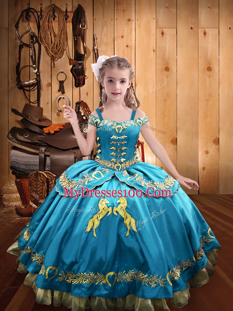 Sweet Baby Blue Lace Up Pageant Dress Womens Beading and Embroidery Sleeveless Floor Length