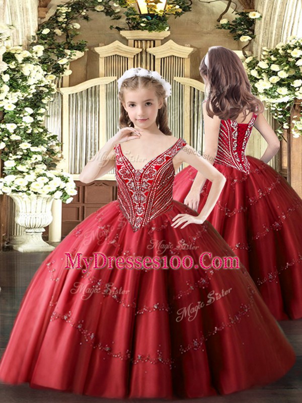 V-neck Sleeveless Kids Pageant Dress Floor Length Beading and Appliques Red Tulle