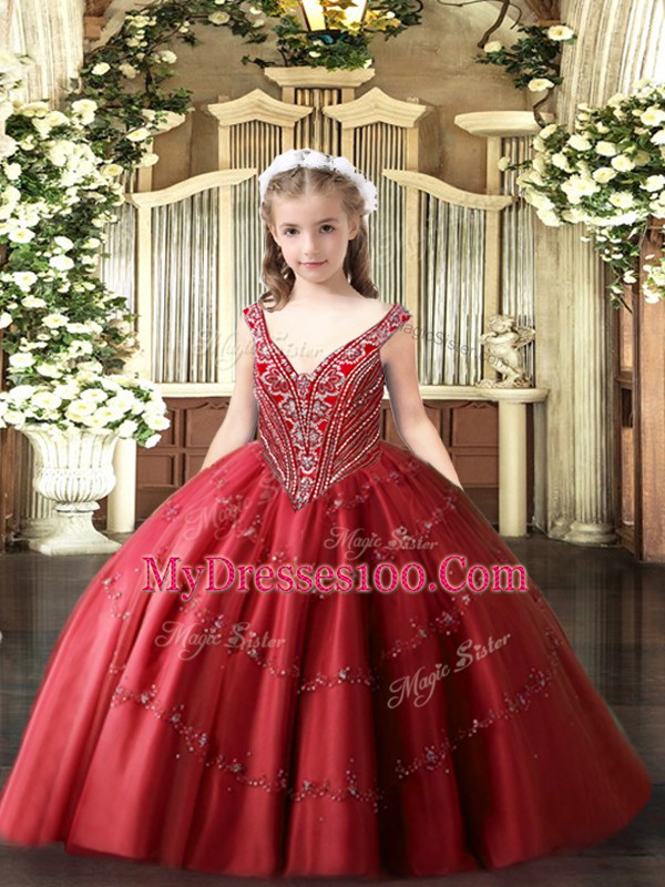 V-neck Sleeveless Kids Pageant Dress Floor Length Beading and Appliques Red Tulle