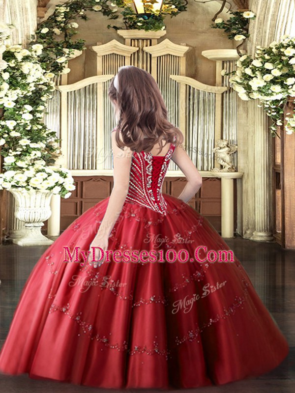 V-neck Sleeveless Kids Pageant Dress Floor Length Beading and Appliques Red Tulle