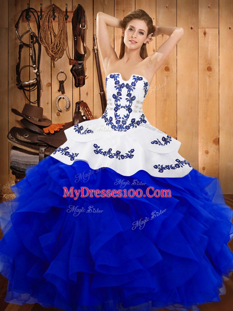 Wonderful Blue And White Ball Gowns Strapless Sleeveless Satin and Organza Floor Length Lace Up Embroidery and Ruffles 15 Quinceanera Dress
