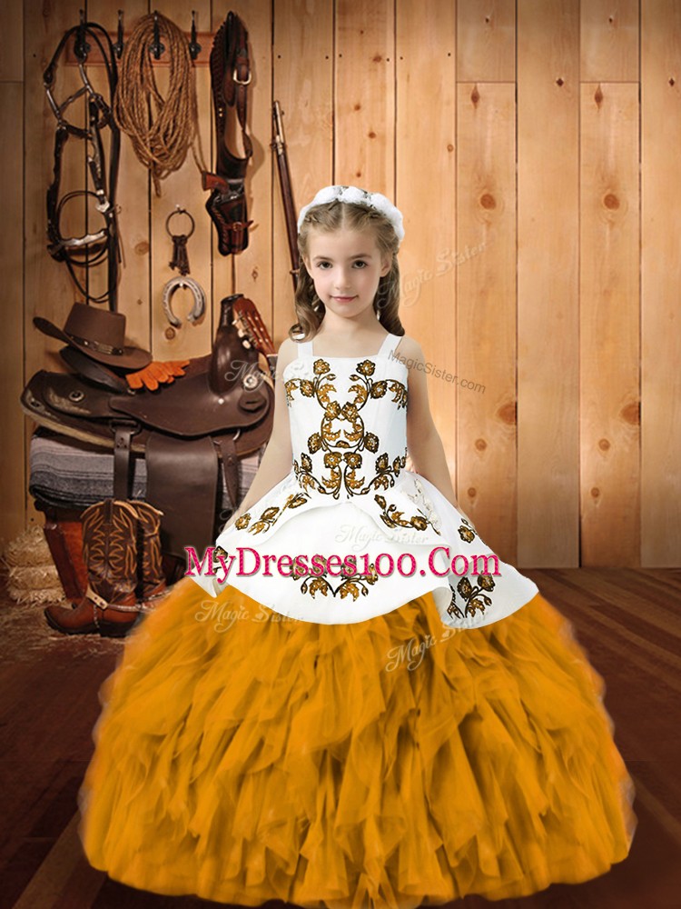 Fancy Organza Straps Sleeveless Lace Up Embroidery and Ruffles Kids Pageant Dress in Gold