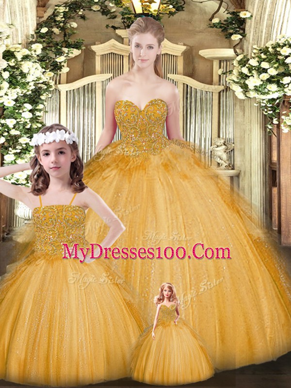 Exceptional Gold Sleeveless Tulle Lace Up 15 Quinceanera Dress for Military Ball and Sweet 16 and Quinceanera