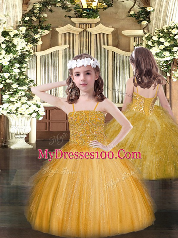 Exceptional Gold Sleeveless Tulle Lace Up 15 Quinceanera Dress for Military Ball and Sweet 16 and Quinceanera