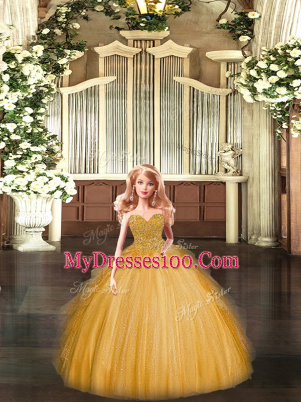 Exceptional Gold Sleeveless Tulle Lace Up 15 Quinceanera Dress for Military Ball and Sweet 16 and Quinceanera