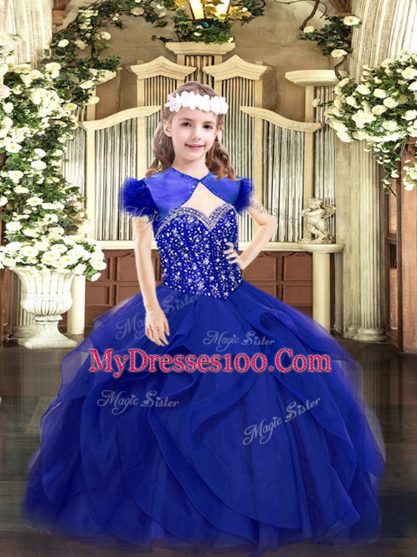 Perfect Floor Length Royal Blue Little Girl Pageant Dress Tulle Sleeveless Beading and Ruffles