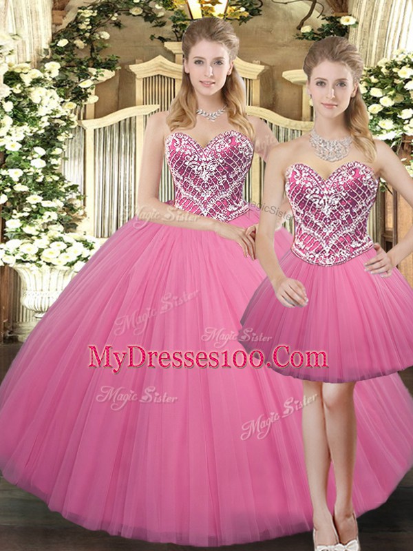 Ball Gowns Vestidos de Quinceanera Rose Pink Sweetheart Tulle Sleeveless Floor Length Lace Up
