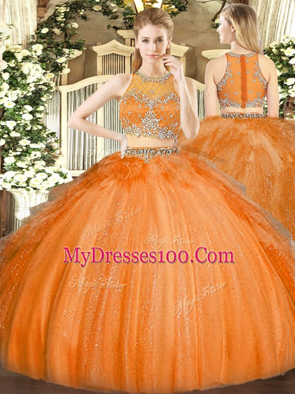 Sophisticated Orange Scoop Neckline Beading Ball Gown Prom Dress Sleeveless Zipper