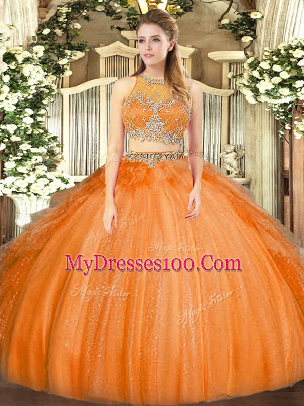 Sophisticated Orange Scoop Neckline Beading Ball Gown Prom Dress Sleeveless Zipper