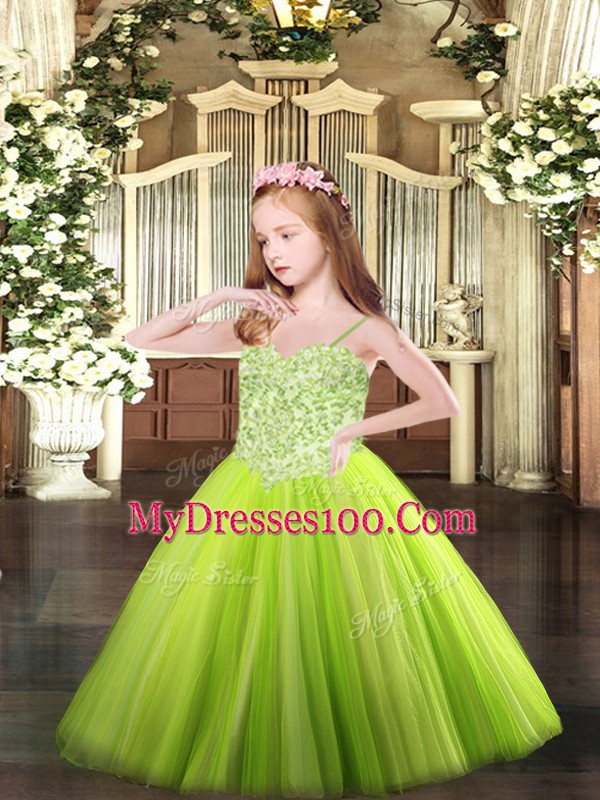 Yellow Green Sleeveless Appliques Floor Length Kids Pageant Dress