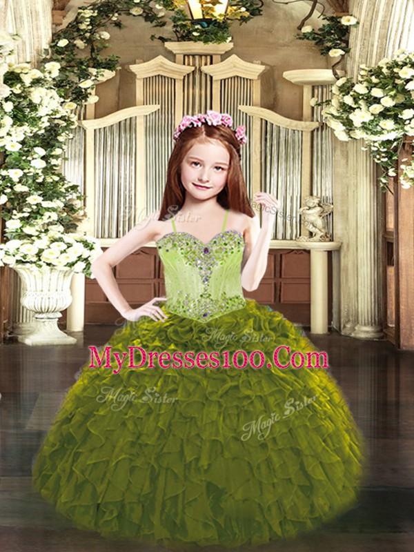 Sleeveless Lace Up Floor Length Beading and Ruffles Little Girls Pageant Gowns