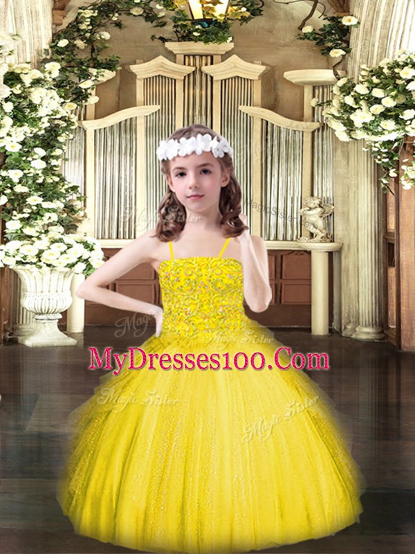 Yellow Spaghetti Straps Lace Up Beading and Ruffles Glitz Pageant Dress Sleeveless