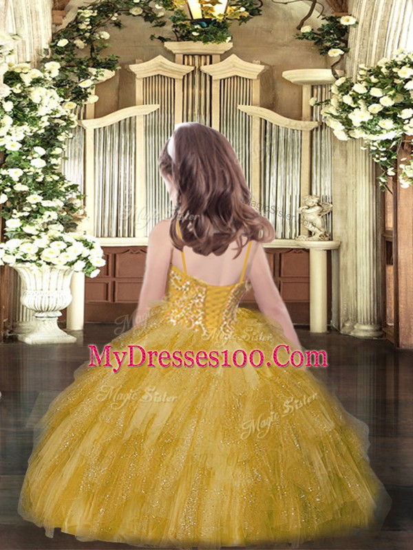 Yellow Spaghetti Straps Lace Up Beading and Ruffles Glitz Pageant Dress Sleeveless
