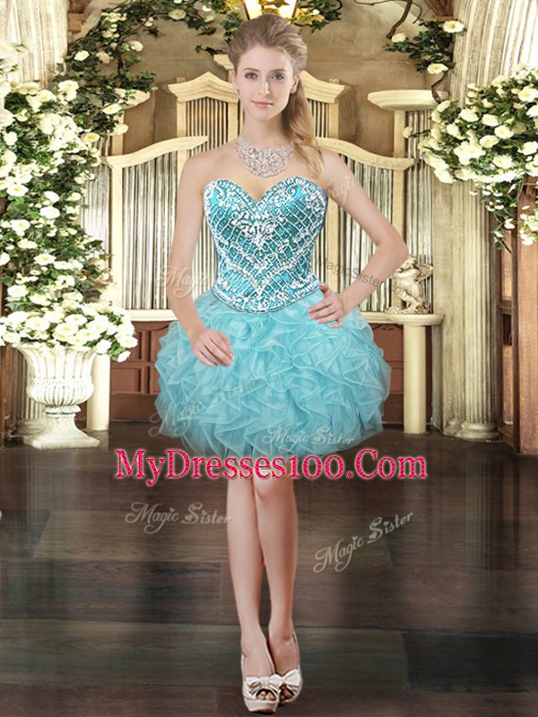 Glittering Sleeveless Mini Length Beading and Ruffles Lace Up Cocktail Dresses with Aqua Blue