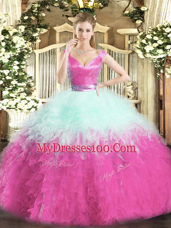 Sexy Floor Length Zipper Sweet 16 Dresses Multi-color for Military Ball and Sweet 16 and Quinceanera with Ruffles