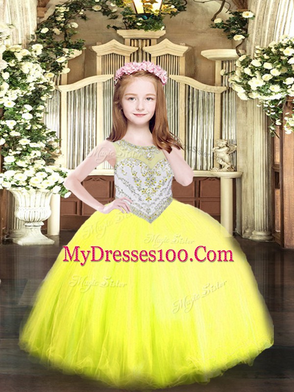 Yellow Ball Gowns Scoop Sleeveless Tulle Floor Length Zipper Beading Little Girl Pageant Dress