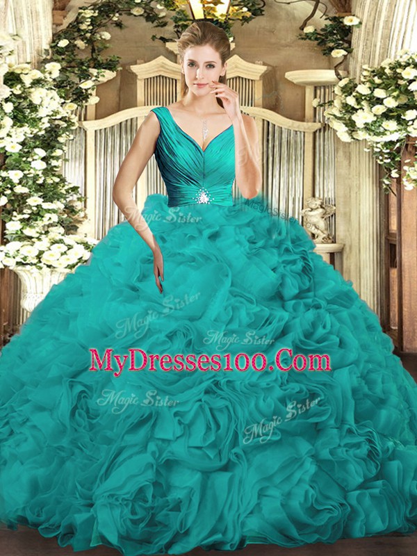 Perfect V-neck Sleeveless Fabric With Rolling Flowers Quinceanera Gown Beading and Ruching Backless