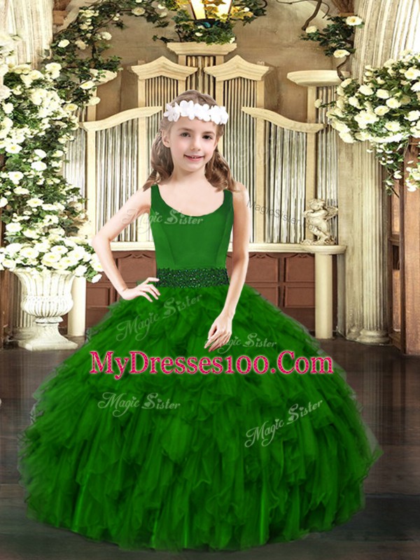 Dark Green Scoop Neckline Beading and Ruffles Little Girl Pageant Dress Sleeveless Zipper