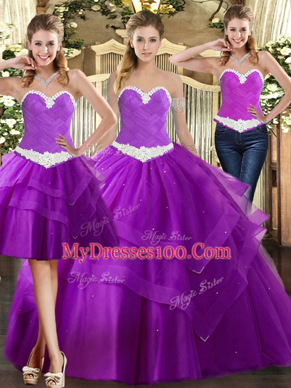 Low Price Appliques 15th Birthday Dress Purple Lace Up Sleeveless Floor Length