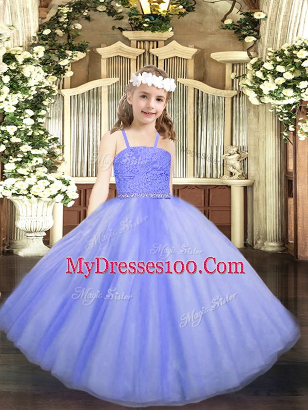 Trendy Lavender Tulle Zipper Straps Sleeveless Floor Length Little Girls Pageant Dress Beading and Lace