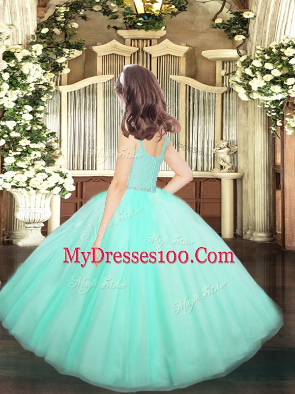 Trendy Lavender Tulle Zipper Straps Sleeveless Floor Length Little Girls Pageant Dress Beading and Lace