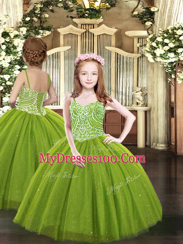 Admirable Olive Green Ball Gowns Tulle Sweetheart Sleeveless Beading Floor Length Lace Up 15th Birthday Dress