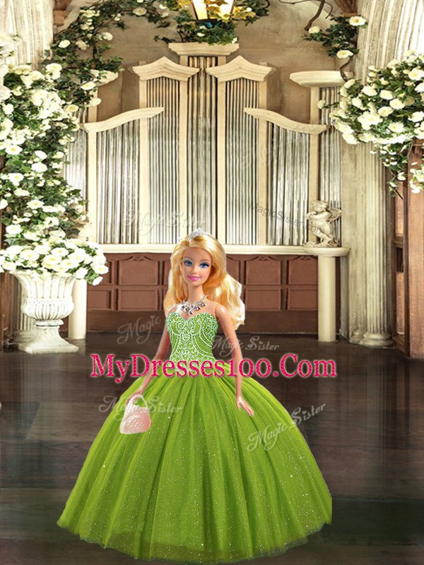 Admirable Olive Green Ball Gowns Tulle Sweetheart Sleeveless Beading Floor Length Lace Up 15th Birthday Dress