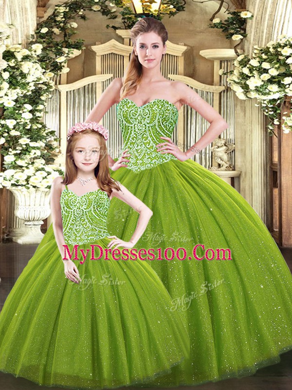 Admirable Olive Green Ball Gowns Tulle Sweetheart Sleeveless Beading Floor Length Lace Up 15th Birthday Dress