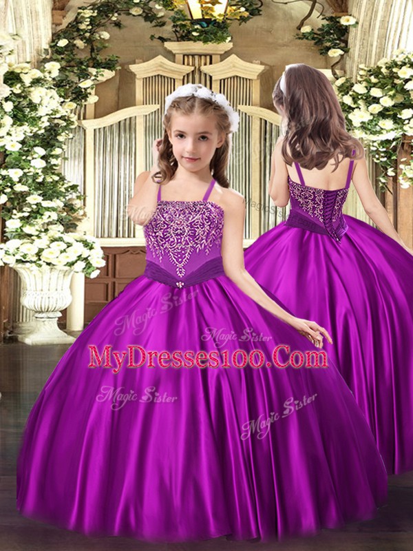 Floor Length Lace Up Little Girls Pageant Gowns Fuchsia for Party and Quinceanera with Beading
