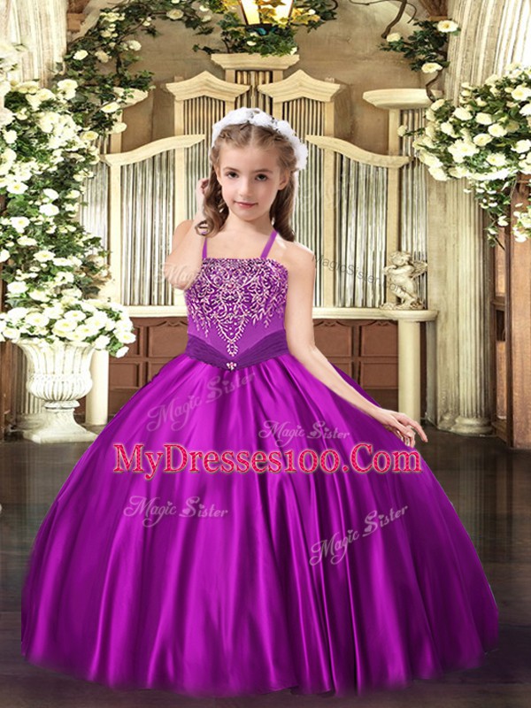 Floor Length Lace Up Little Girls Pageant Gowns Fuchsia for Party and Quinceanera with Beading