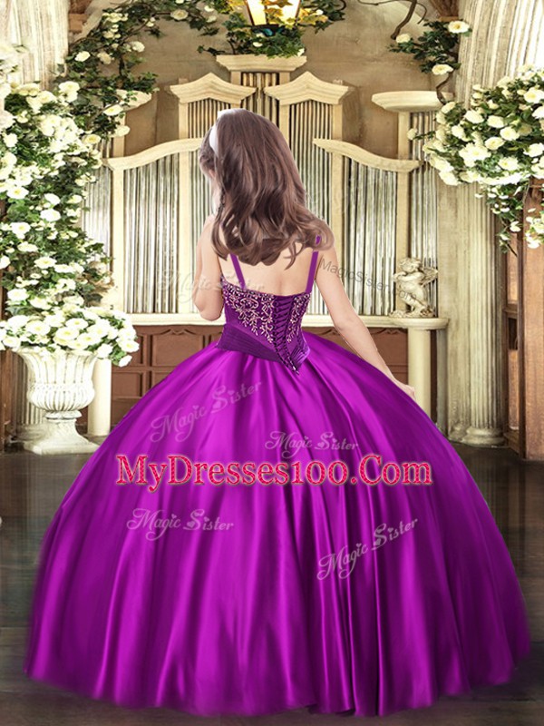 Floor Length Lace Up Little Girls Pageant Gowns Fuchsia for Party and Quinceanera with Beading