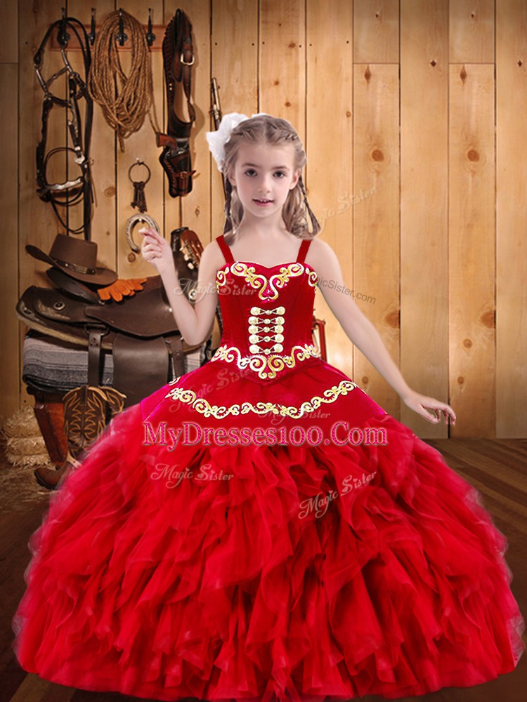 Red Ball Gowns Embroidery and Ruffles Little Girl Pageant Gowns Lace Up Organza Sleeveless Floor Length