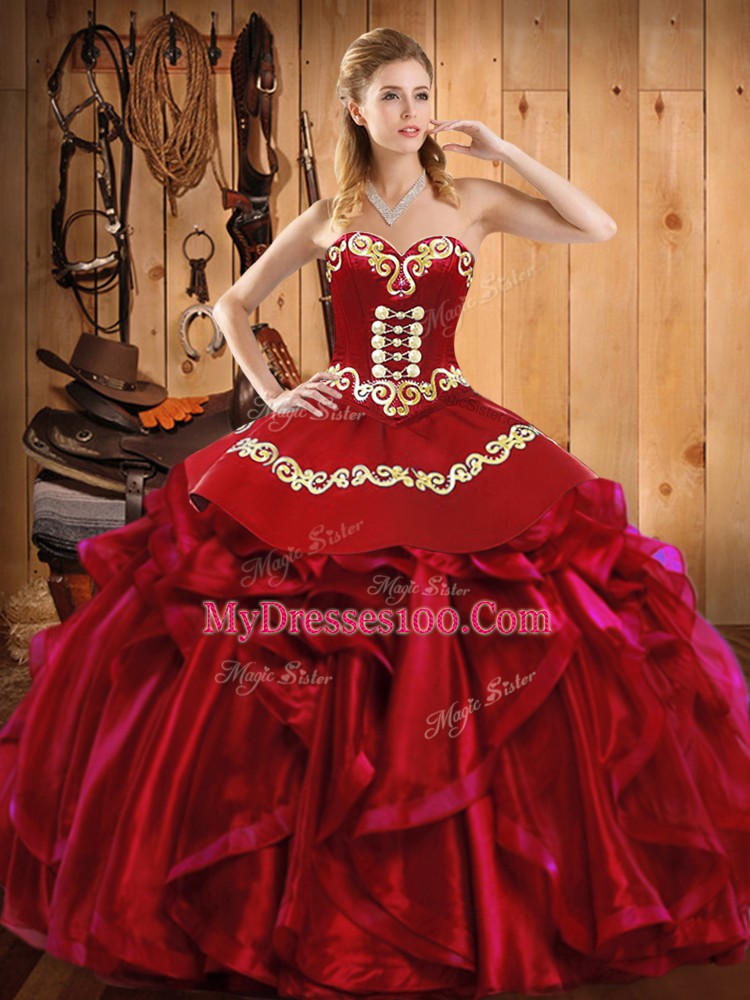 Sweet Wine Red Sweet 16 Dress Military Ball and Sweet 16 and Quinceanera with Embroidery and Ruffles Sweetheart Sleeveless Lace Up