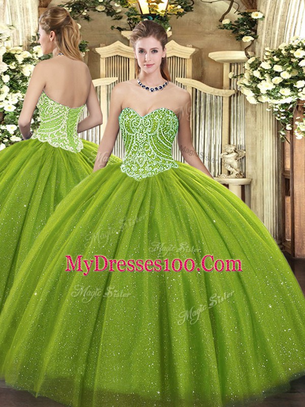 Sweetheart Sleeveless Lace Up Quinceanera Gowns Olive Green Tulle